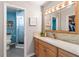 Bathroom with light wood vanity, a large mirror, and a walk-in shower at 829 Harbor S Dr, Venice, FL 34285