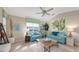 Relaxing living room featuring blue sofas, a coffee table, and artwork at 872 Clear Lake Dr, Englewood, FL 34223