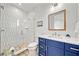 Modern bathroom with a blue vanity and hexagon tile shower at 2213 Avenue B, Bradenton Beach, FL 34217