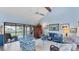 Spacious living room with blue sofa and access to screened patio at 4372 Woodmans Chart # 143, Sarasota, FL 34235