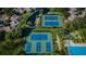 Aerial view of tennis courts, pickleball courts, and pool at 1003 Lake Avoca Dr, Tarpon Springs, FL 34689