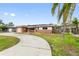 Curved driveway leading to a ranch-style house with palm trees at 542 Baywood S Dr, Dunedin, FL 34698