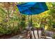 Relaxing patio with table, chairs, and umbrella, surrounded by lush greenery at 1701 Pelican Cove Rd # 359, Sarasota, FL 34231