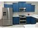 A modern kitchen boasts stainless steel appliances, blue cabinets and patterned tile backsplash at 219 Heritage Isles Way, Bradenton, FL 34212