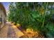Brick pathway lined with lush tropical landscaping and lighting at 3414 Old Oak Dr, Sarasota, FL 34239