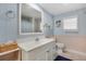 Bathroom with white vanity, large mirror, and blue walls at 716 Blackburn Blvd, North Port, FL 34287
