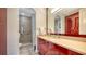 Modern bathroom with a walk-in shower, red cabinets, and updated vanity at 888 S Orange Ave # 3D, Sarasota, FL 34236