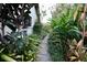 Stone path meanders through lush tropical landscaping in the backyard at 3947 Country View Dr, Sarasota, FL 34233