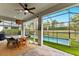 Covered patio with dining area, adjacent to a refreshing pool at 3409 Anchor Bay Trl, Lakewood Ranch, FL 34211