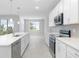 Open concept kitchen with white cabinets and stainless steel appliances at 5587 Farmington Ave, North Port, FL 34288