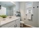 Bathroom with white vanity, toilet, and window with shutters at 6077 Amberly Dr, Bradenton, FL 34208