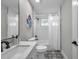 Updated bathroom, featuring white subway tiles and a patterned floor at 14146 Cattle Egret Pl, Bradenton, FL 34202