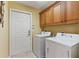Laundry room with washer, dryer, and built-in cabinets at 3665 Square West Ln # 13, Sarasota, FL 34238