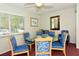 Dining room with round glass table and blue chairs at 2325 Riverbluff Pkwy # V247, Sarasota, FL 34231