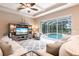 Bright living room with pool view, sliding doors, and comfy seating at 3826 E 155Th E Ave, Parrish, FL 34219