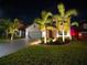 Night view of a luxury home with palm trees and landscape lighting at 10916 Copperlefe Dr, Bradenton, FL 34212