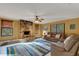 Relaxing living room with stone fireplace, leather sofas, and area rug at 2218 Shadow Oaks Rd, Sarasota, FL 34240
