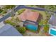 An aerial view showcasing a home with a pool and screened enclosure at 3318 Bayou Sound, Longboat Key, FL 34228