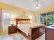 Main bedroom with floral bedding, ceiling fan, and ensuite bathroom access at 4216 Central Sarasota Pkwy # 1326, Sarasota, FL 34238