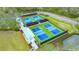 Aerial view of well-maintained pickleball courts, fenced in and surrounded by mature trees and landscaping at 7703 Whitebridge Gln, University Park, FL 34201