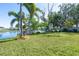 Lovely backyard with lush grass, palm trees, and a lake view at 4515 Falcon Ridge Dr, Sarasota, FL 34233