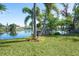 Lakefront backyard with dock and palm trees at 4515 Falcon Ridge Dr, Sarasota, FL 34233