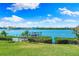 Spacious backyard with well-manicured lawn, a private dock, and serene water views at 935 Bayshore Rd, Nokomis, FL 34275