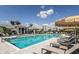 Community pool with sun loungers and umbrellas, surrounded by lush landscaping and a clear blue sky at 18059 Cherished Loop, Bradenton, FL 34211