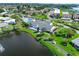 Aerial view of community clubhouse, pool, and pond at 4799 Independence Dr, Bradenton, FL 34210