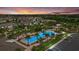 Aerial view of community pool with lounge chairs and palm trees at sunset at 5307 Applegate Ct, Bradenton, FL 34211