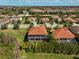 An aerial view reveals red-tiled roofs and screened-in pools in a residential neighborhood at 13408 Swiftwater Way, Bradenton, FL 34211