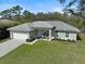 Aerial front view of a charming one-story home with a two-car garage, well-manicured lawn, and a canal in the back at 3151 Johannesberg Rd, North Port, FL 34288
