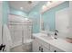 Light blue bathroom with white vanity, walk-in shower, and a toilet at 8358 Redonda Loop, Lakewood Ranch, FL 34202