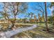 Landscaped backyard with a canal view, mature trees, and brick walkway to the water at 614 Norton St, Longboat Key, FL 34228