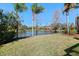 Spacious backyard with pond view, lush grass, and mature palm trees at 7121 Orchid Island Pl, Bradenton, FL 34202