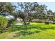 Landscaped backyard with large oak trees and pond views at 804 Connemara Cir, Venice, FL 34292