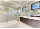 Bathroom with walk-in shower, soaking tub, and modern vanities at 3123 Founders Club Dr, Sarasota, FL 34240