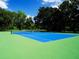 Well-maintained outdoor tennis court with blue surface surrounded by lush trees at 3822 Ironwood Ct, Sarasota, FL 34243