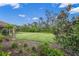 Landscaped backyard with lush lawn and mature trees at 5892 Semolino St, Nokomis, FL 34275