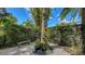 A private side yard featuring gravel, decorative rocks, bench, and lush tropical plants at 2434 Wood St, Sarasota, FL 34237