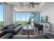 Luxury living room with panoramic water views and a large TV at 540 N Tamiami Trl # 802, Sarasota, FL 34236