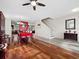 Dining room with hardwood floors, red tablecloth, and chandelier at 6150 42Nd Street E Cir, Bradenton, FL 34203