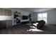 Living room with gray sofa, TV, and modern shelving at 13119 Cedar Elm Lane, Parrish, FL 34219