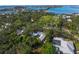 An aerial view showcasing a home nestled in a tree-lined neighborhood near the water at 3331 Old Oak Dr, Sarasota, FL 34239