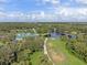 Scenic aerial view of a golf course with a pond and walking path, lined by lush trees and greenery at 6211 Skyward Ct, Bradenton, FL 34203