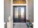 Elegant double front doors featuring decorative glass and sidelights, flanked by planters and a stone fountain at 15326 Castle Park Ter, Lakewood Ranch, FL 34202