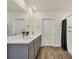 Spa-like bathroom with dual vanities, gray cabinets, and a quartz countertop at 17209 Barnwood Pl, Bradenton, FL 34211