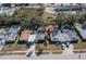 An aerial view displays the property's roof and yard in relation to neighboring homes and street at 2321 Terry Ln, Sarasota, FL 34231