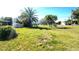 Large backyard with lush grass, a shed, and mature palm trees at 2701 Larkspur Dr, Punta Gorda, FL 33950