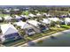 An aerial shot of neighborhood homes, many with screened-in pools, along a lake at 8729 52Nd E Dr, Bradenton, FL 34211